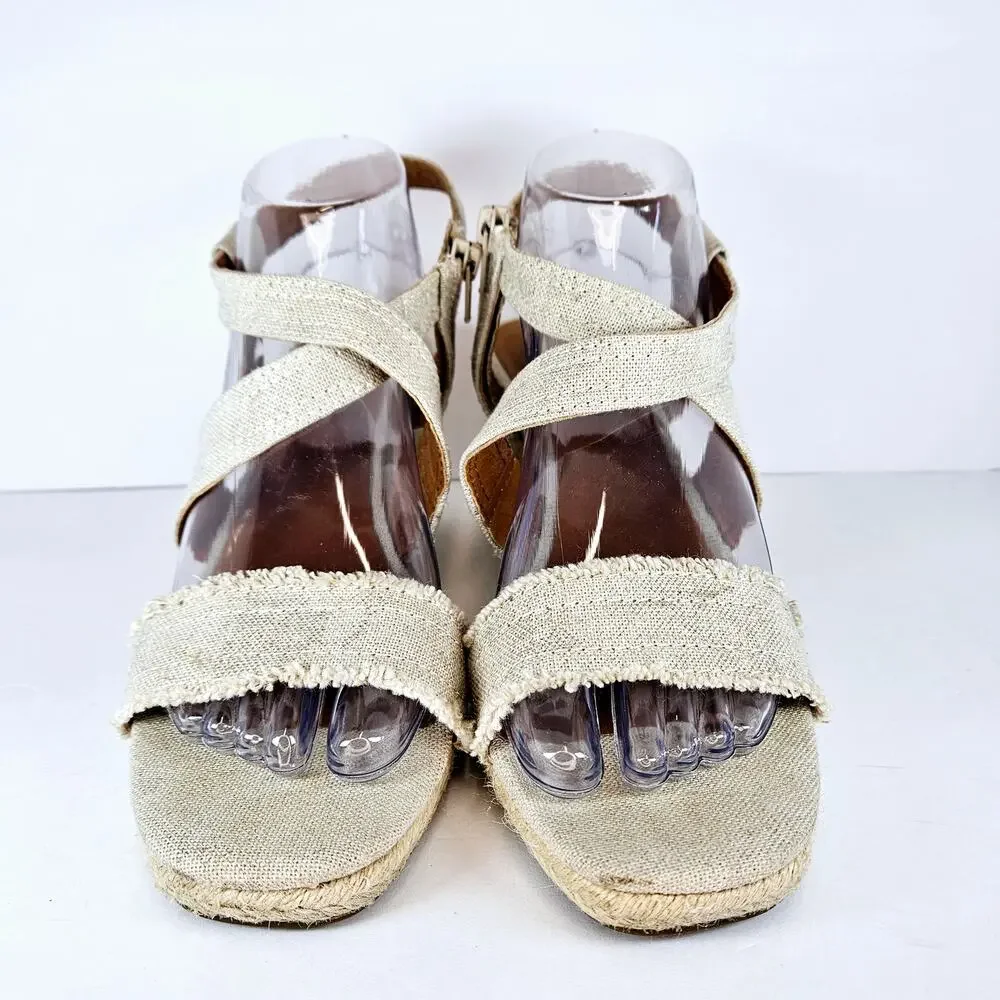 Lucky Brand Maeli Beige‎ Gold Strappy Espadrille Wedge Sandals Size 10M